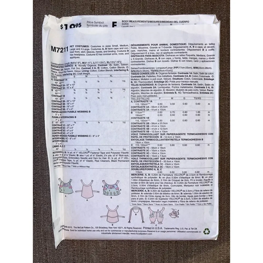 McCalls Sewing Pattern M7211 Frozen Anna Elsa Olaf Disney Dog Costume UNCUT